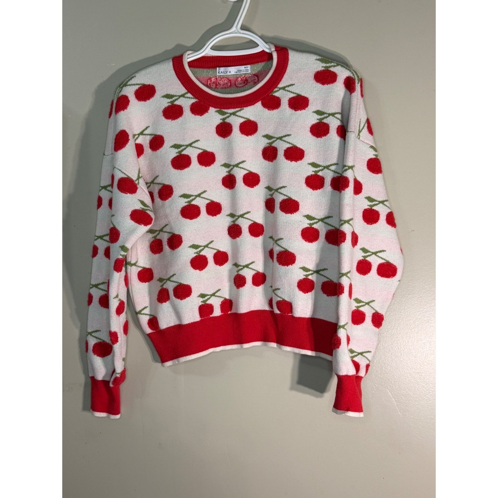 Kaily K Cherry Print Crewneck Sweater White Red Long Sleeve Knit Top Small
